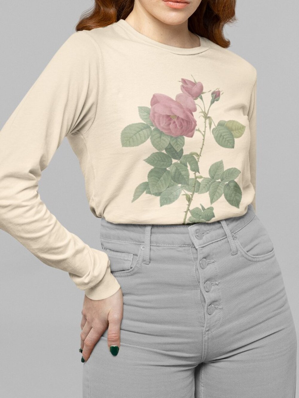 Rose Vintage Floral Print Long Sleeve Graphic Tee T-shirt S-XXL